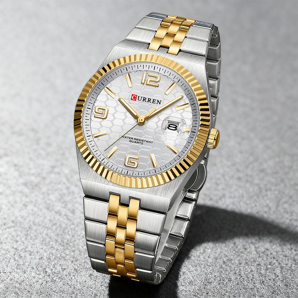 Luxury Watch Apple - CURREN スタイリッシュなメンズクォーツ時計 ツートンカラーのステンレススチールバンド クラシックなラウンドダイヤル 夜光針付き ミニマリストデザイン