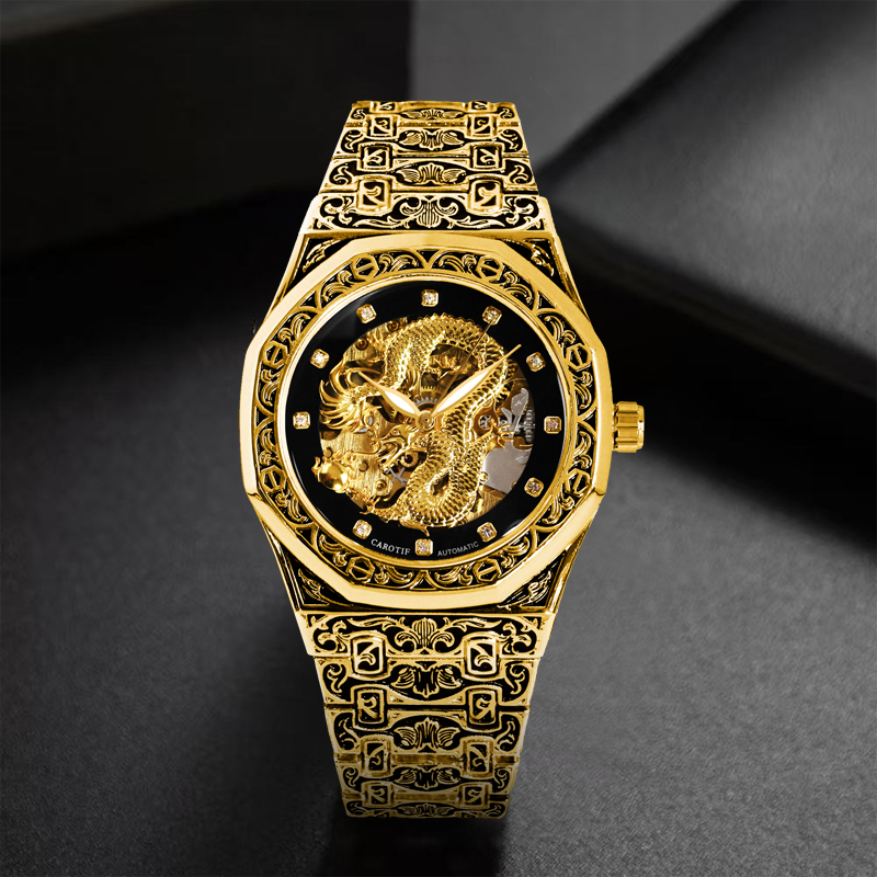 Luxury Watch Arabic - メンズの黒と金のヴィンテージ高級彫刻ゴールデンドラゴン多角形自動機械式時計