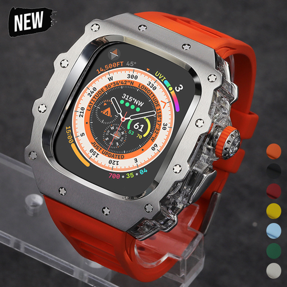 Luxury Watch Apple - 高級改造キット,Apple Watch ultra 2,49mm,iwatch 9,8,7,6,45,44mm,クリスタルボタン,スポーツバンド用ステンレススチールケース