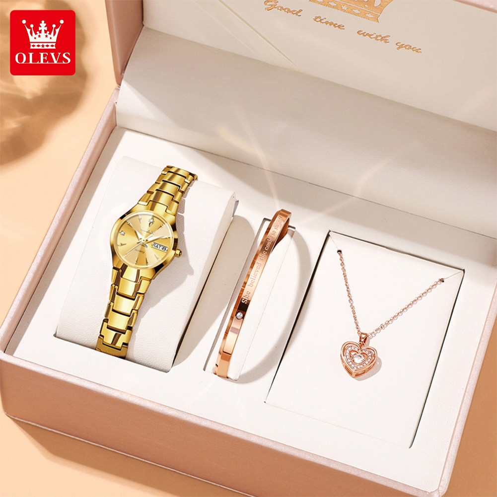 Luxury Watch Women - OLEVSレディース腕時計8697高級エレガントクォーツ腕時計防水タングステン鋼デイデイト腕時計女性用腕時計ブレスレットセット