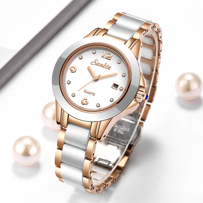 Luxury Watch Women - Sunkta ファッションカジュアルクォーツ女性腕時計エレガントな高級セラミックダイヤモンドカレンダー防水レディース女性用腕時計モントレファム