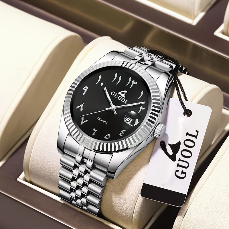 Luxury Watch Arabic - 新しい売れ筋メンズステンレススチール製5連スチールバンド腕時計、アラビア数字、ビジネススタイル、ラウンドケース、カレンダー表示機能付き、バレンタインデーギフト、父の日ギフト、ホリデーギフト、ハロウィンギフト