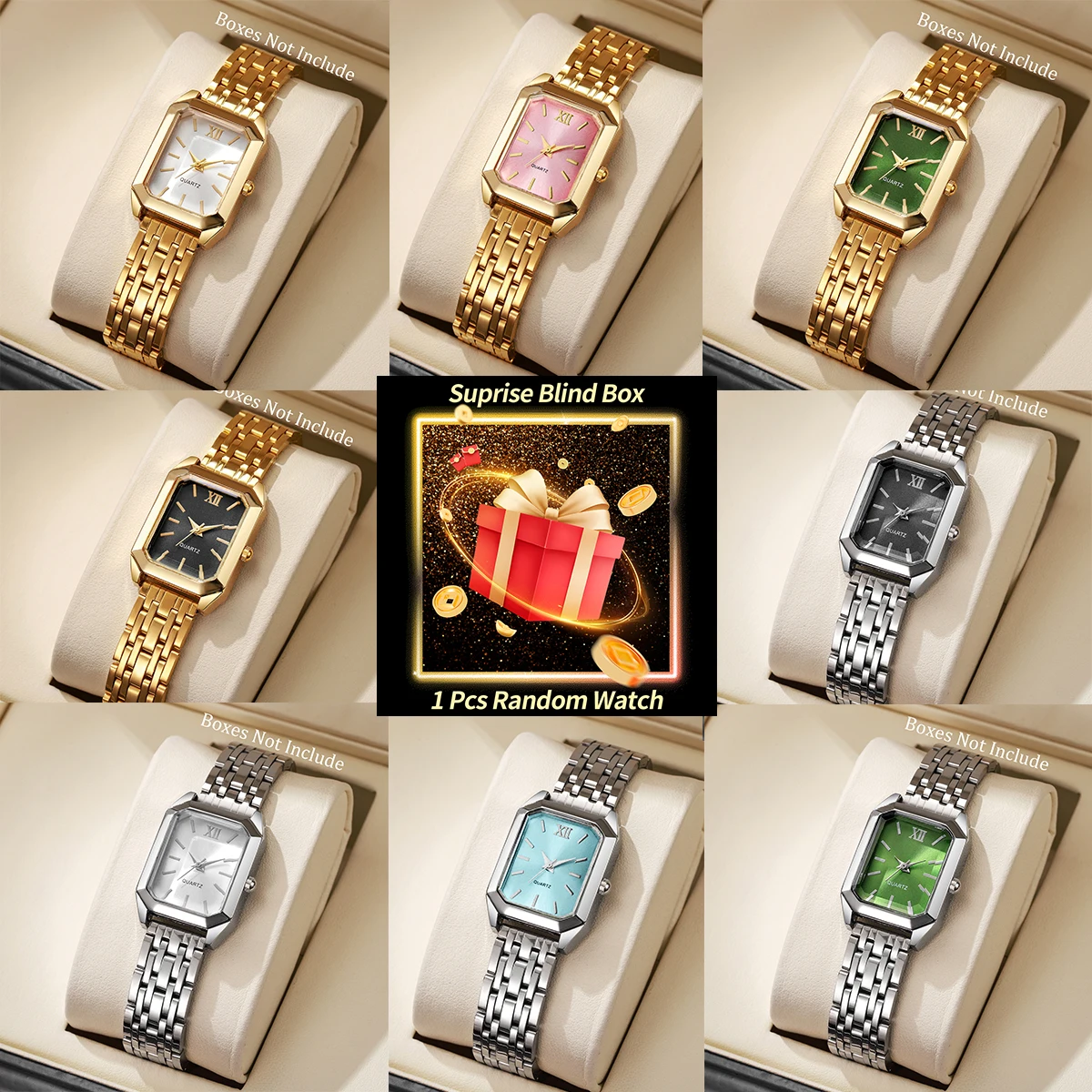 Luxury Watch Women - サプライズ・ブラインドボックス、レディース腕時計、ランダムな高級感のあるスクエア型クォーツ時計、金属製のスチールストラップ、女性向けファッションドレスウォッチ。